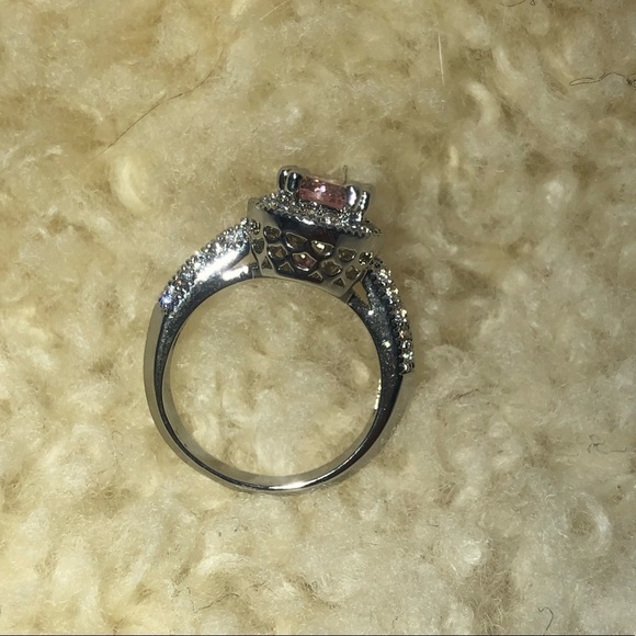 SILVER Tone Simulated Pink Sapphire Halo Ring Filigree Setting Costume Ring 7.25 - Picture 5 of 6